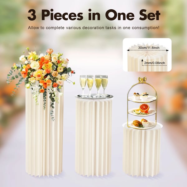 Blomsterställ för bröllop - Cylinderkolonn 3-pack - Hopfällbar papp - 40/60/80 cm - Centerpiece för dessertbord - Storlek M - Vit