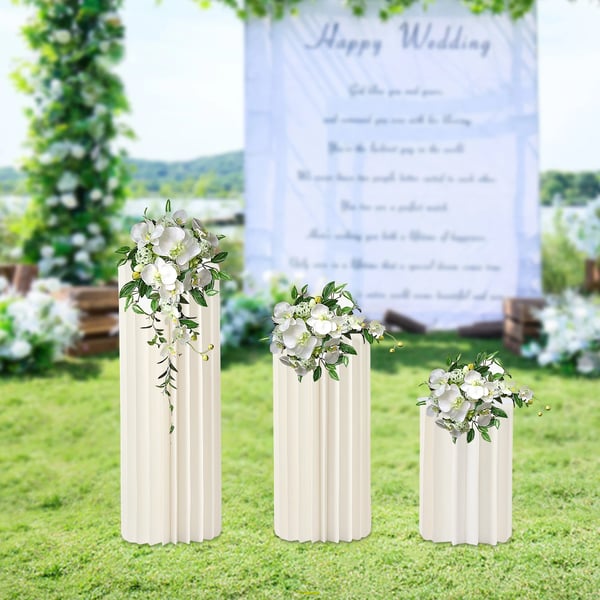 Blomsterställ för bröllop - Cylinderkolonn 3-pack - Hopfällbar papp - 40/60/80 cm - Centerpiece för dessertbord - Storlek M - Vit