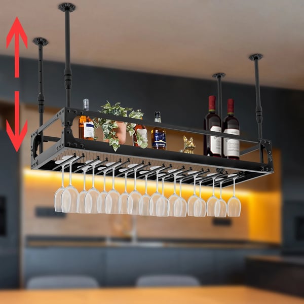 Hængende vinglasstativ i jern - Loftmonteret holder - Længde 100 cm - Justerbar højde 35–55 cm - Maks belastning 50 kg - Til glas Ø<9 cm - Sort