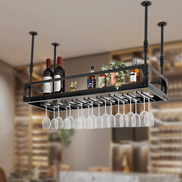 Hængende vinglasstativ i jern - Loftmonteret holder - Længde 100 cm - Justerbar højde 35–55 cm - Maks belastning 50 kg - Til glas Ø<9 cm - Sort