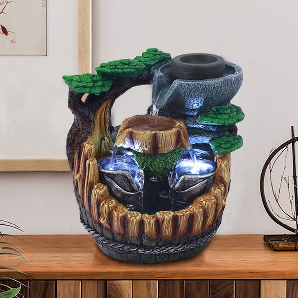 Feng Shui Bordfontæne - Indendørs Vandfald - Rislende Vand - 2 LED-lys - Resin - Moderne Stil - Fritstående - Til Kontor og Hjem