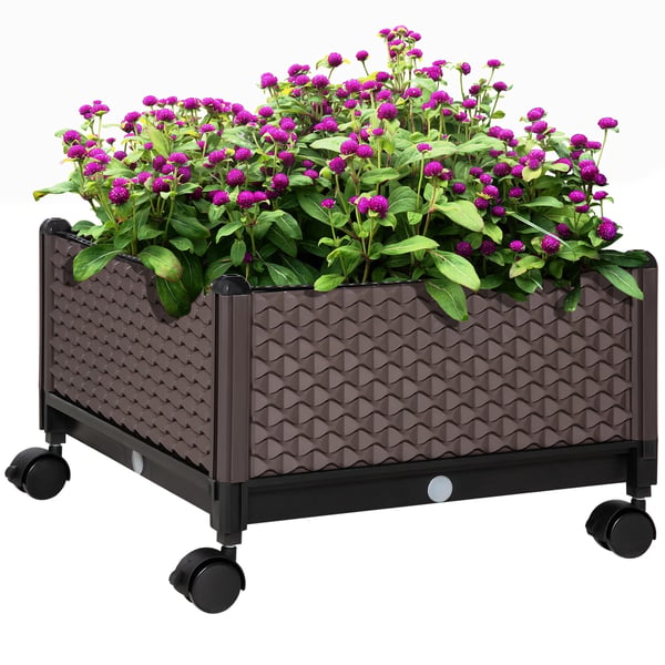 Planteringslåda med hjul - Plast blomlåda - 50x50x33 cm - PP-plast - För blommor & gröna växter - Brun