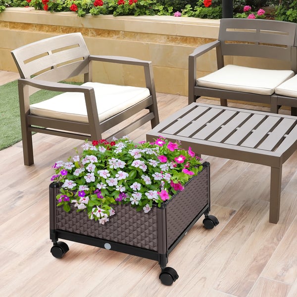 Planteringslåda med hjul - Plast blomlåda - 50x50x33 cm - PP-plast - För blommor & gröna växter - Brun