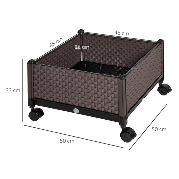 Planteringslåda med hjul - Plast blomlåda - 50x50x33 cm - PP-plast - För blommor & gröna växter - Brun