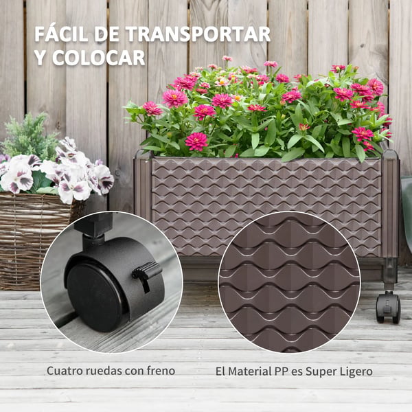 Planteringslåda med hjul - Plast blomlåda - 50x50x33 cm - PP-plast - För blommor & gröna växter - Brun