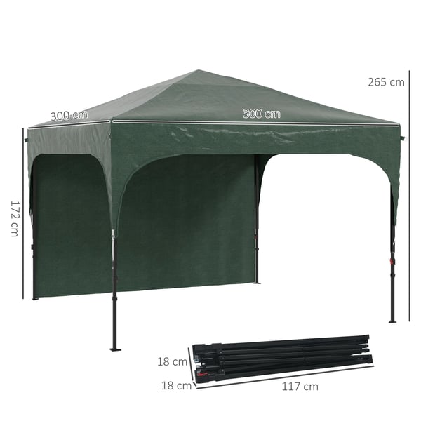 Fällbart partytält - Pop up paviljong - 3x3 m - Justerbar höjd - 1 sidovägg - 100% polyester - Grön