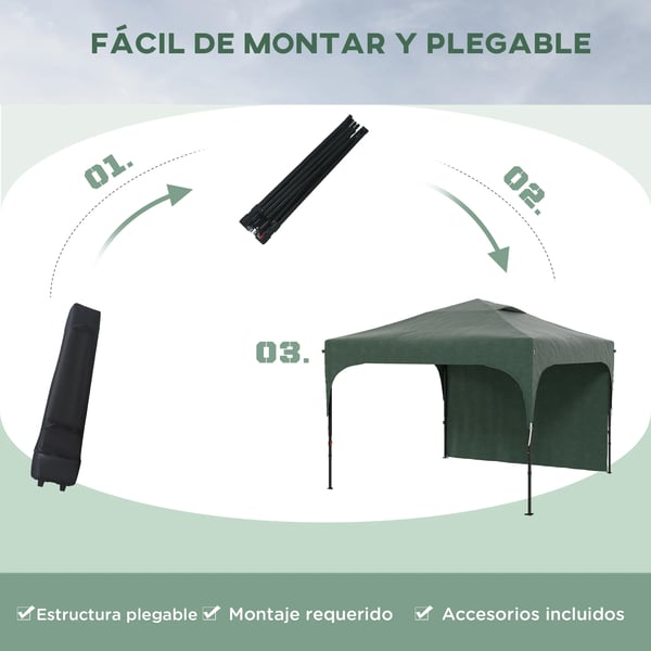 Fällbart partytält - Pop up paviljong - 3x3 m - Justerbar höjd - 1 sidovägg - 100% polyester - Grön