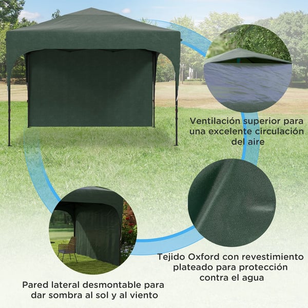 Fällbart partytält - Pop up paviljong - 3x3 m - Justerbar höjd - 1 sidovägg - 100% polyester - Grön