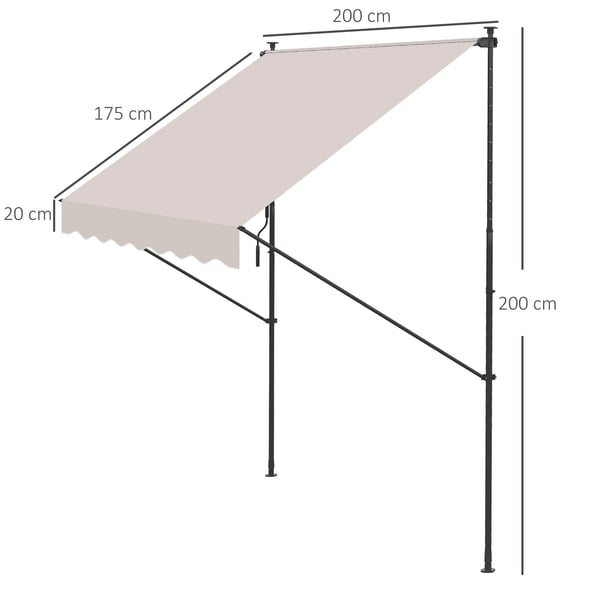 Infällbar markis - Manuell - 200 x 175 cm - Höjd 210–310 cm - Vevarm - UV 40+ - Polyesterduk - Kräm