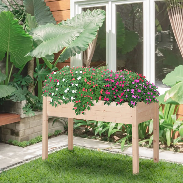 Upphöjd odlingslåda - Trähögbädd - 122,5×56,5×76 cm - Med fiberduk (non-woven) - Montering krävs - Naturträ