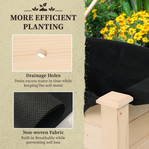 Upphöjd odlingslåda - Trähögbädd - 122,5×56,5×76 cm - Med fiberduk (non-woven) - Montering krävs - Naturträ
