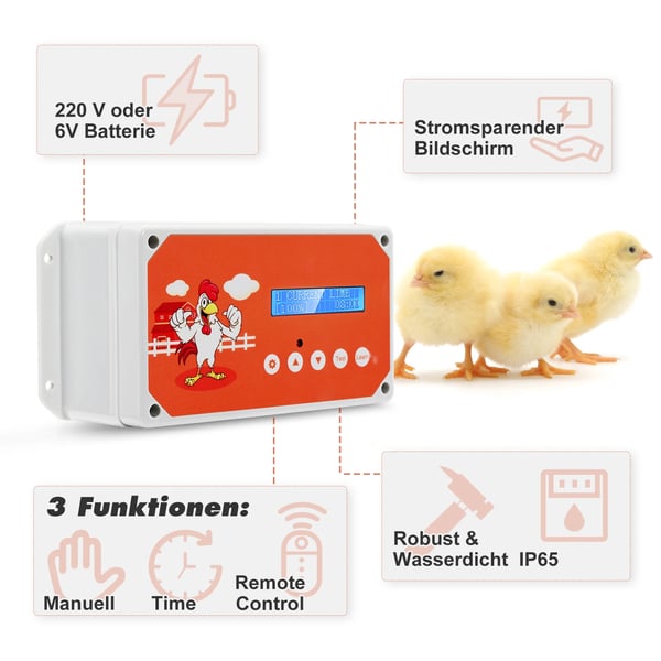 Automatisk hønselem - Døråbner - Vandtæt - Fjernbetjening - Batteridrevet - Plast - Hvid