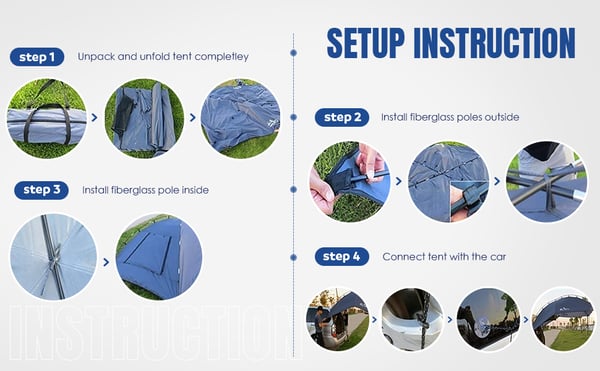 Bil/SUV bagklaptelt - Camping solsejl/markise - 201T polyester - Kulfiberstænger - Til 2 personer - Alle årstider - Enkelt lag - Multifarvet