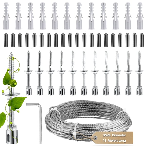 Klätterväxtstöd Spaljé - Vajersystem Kit - 16 m Set - 3 mm Vajer - 12 Sträckskruvar - Metall - Beige