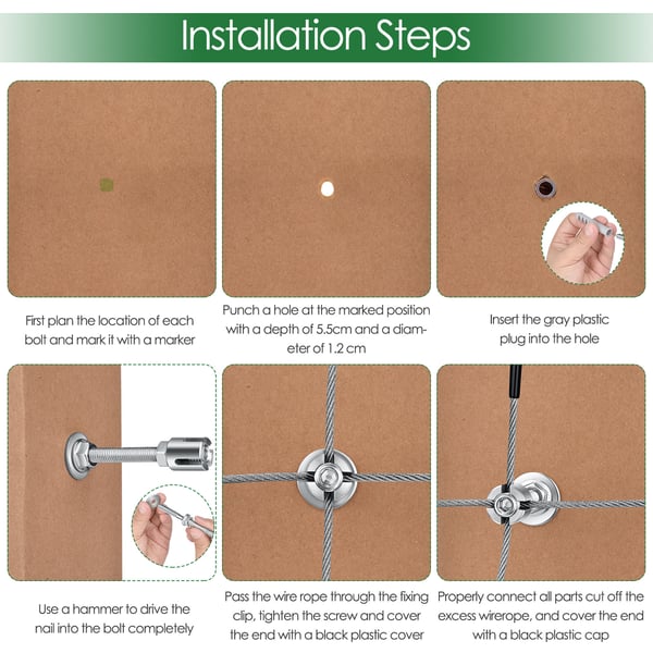 Klätterväxtstöd Spaljé - Vajersystem Kit - 16 m Set - 3 mm Vajer - 12 Sträckskruvar - Metall - Beige