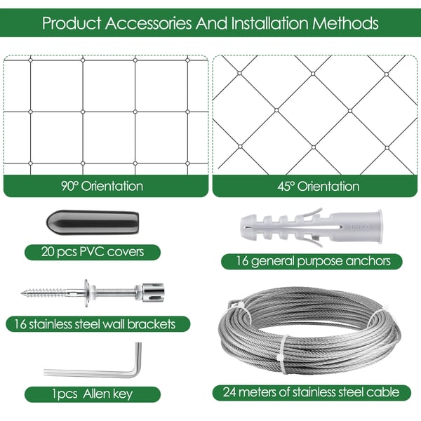 Klätterväxtstöd Spaljé - Vajersystem Kit - 16 m Set - 3 mm Vajer - 12 Sträckskruvar - Metall - Beige
