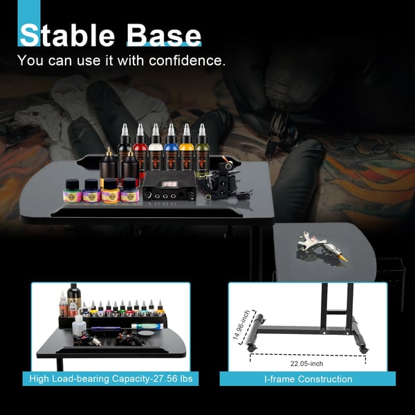 Tatoveringsarbejdsstation - Justerbart bord - Dobbelt overflade - Højde 57,5–90 cm - Slagfast plade - Jernstel - Bærbar - Sort