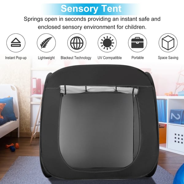 Pop-up sensorisk hule - Blackout-telt - Inderside med sølv - Sammenklappelig - Bæretaske - Polyester - CE-mærket - Til 14+ & Autisme/ADHD - Sort
