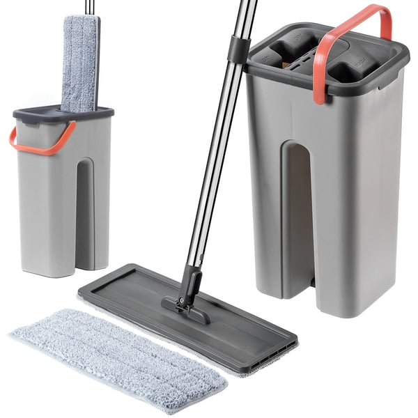 Plattmopp - Mopp- och hinkset - Mikrofiber - Tvåkammarhink separerar smuts- och rent vatten - Hink med urvridare - 2 moppdukar