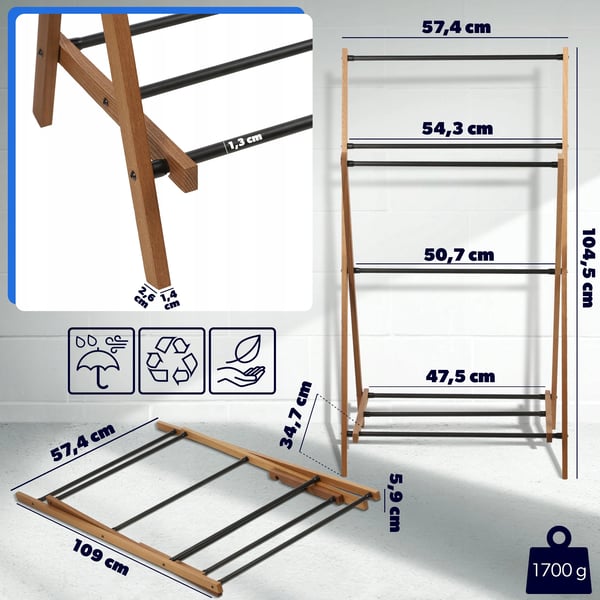 Håndklædestativ til Badeværelse - Fritstående Håndklædeholder - Stålramme og Træbund - Loft/Industrielt Design - Stabil - Sort