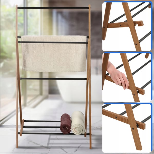 Håndklædestativ til Badeværelse - Fritstående Håndklædeholder - Stålramme og Træbund - Loft/Industrielt Design - Stabil - Sort