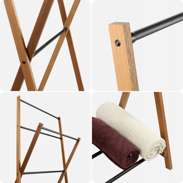 Håndklædestativ til Badeværelse - Fritstående Håndklædeholder - Stålramme og Træbund - Loft/Industrielt Design - Stabil - Sort