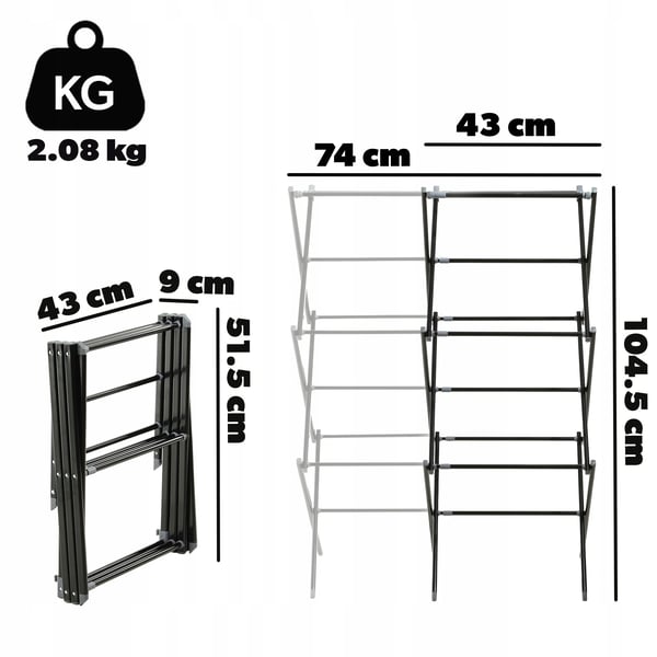 Tørrestativ til tøj - Stående model - 104 cm Højde - Vertikal - Sammenklappelig - Stål