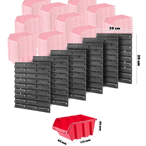 Værktøjstavle - Vægpanel - 117x78 cm - 126 dele - Med opbevaringsbokse - Til værksted/garage - Rød