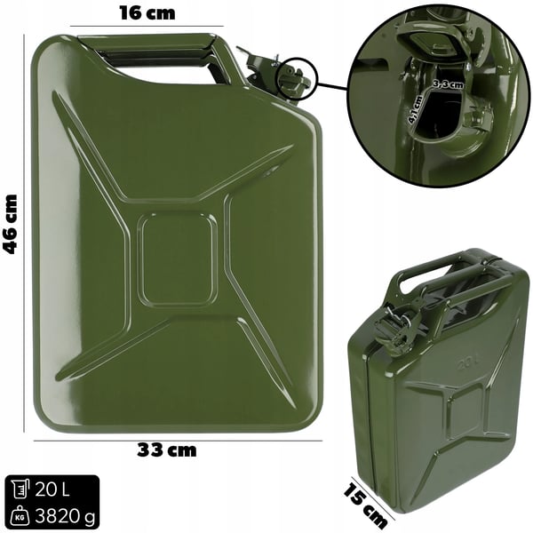 Benzindunk/Brændstofdunk - Jerrycan i metal - 20 l - Til benzin, diesel og olie