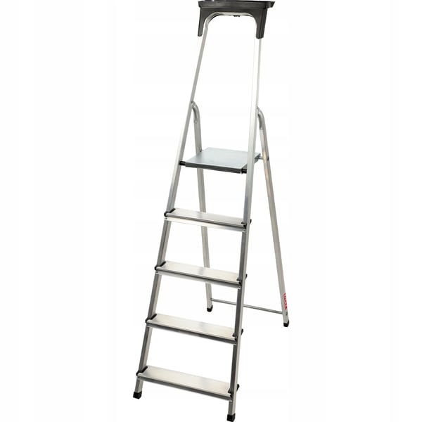 Trappestige i aluminium - Husholdningsstige - 5 trin - Sammenklappelig - Platform/værktøjsbakke - Maks. belastning 125 kg