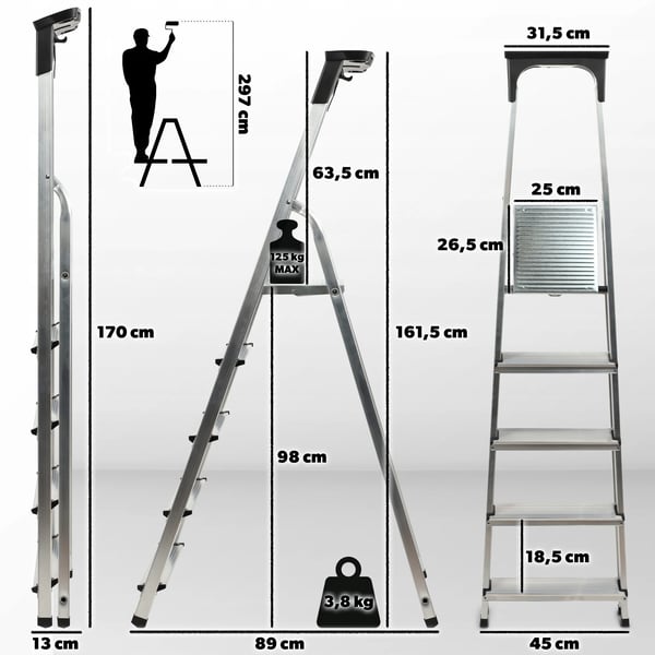 Trappestige i aluminium - Husholdningsstige - 5 trin - Sammenklappelig - Platform/værktøjsbakke - Maks. belastning 125 kg