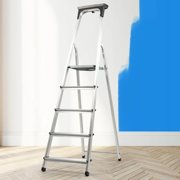 Trappestige i aluminium - Husholdningsstige - 5 trin - Sammenklappelig - Platform/værktøjsbakke - Maks. belastning 125 kg