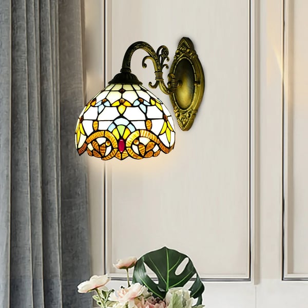 Tiffany-inspireret kuppelformet glaslampe - Væglampe - Farvet glas - Vægmonteret - Højde 25 cm - LED 6–10 W - Pære medfølger ikke - Beige