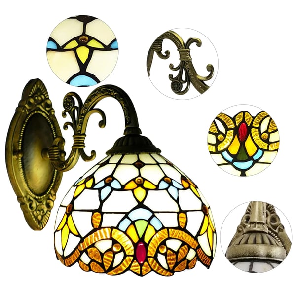 Tiffany-inspireret kuppelformet glaslampe - Væglampe - Farvet glas - Vægmonteret - Højde 25 cm - LED 6–10 W - Pære medfølger ikke - Beige