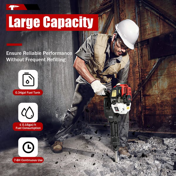 Benzin Nedbrydningshammer/Jackhammer - Håndholdt Betonbryder - 52 cc - 2-Takt - 6500 rpm - 2 Mejsler - Rød
