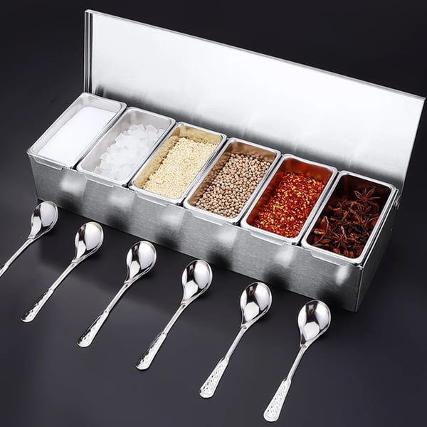 Ingrediens-/kryddlåda, 6 fack med lock, rostfritt stål för kryddor och frukt