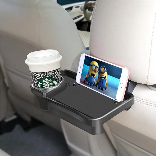 Auton mukiteline - Selkänojan juomateline ja järjestin - Kiinnitys selkänojaan - Pullolle, tölkille, kupille - Tasku puhelimelle ja avaimille - Musta