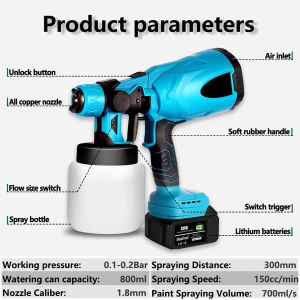 Malesprøjte 800 ml, trådløs elektrisk sprøjtepistol, guld, til Makita 18V, bærbar, inkl. 1 batteri, til bil/møbler/stål