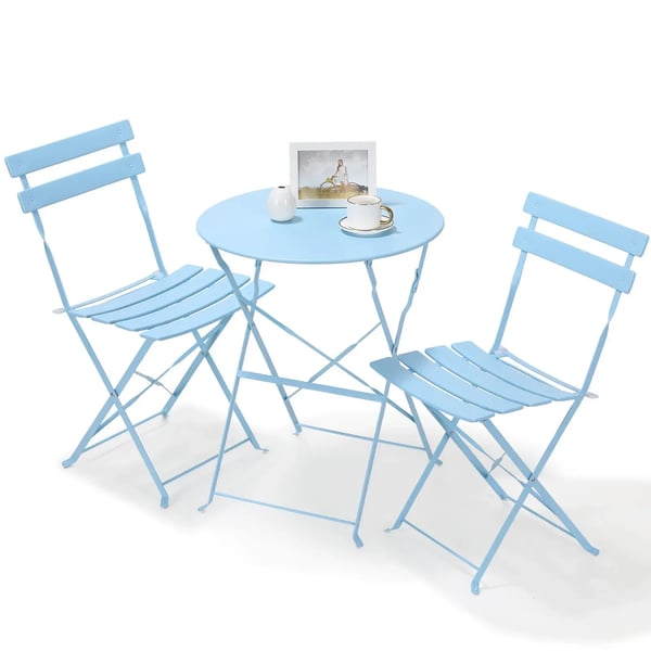 Bistro sæt 3-dele - Bord og 2 stole - Sammenklappeligt - Jern - 2 personer - Bord 60 x 60 x 72 cm - Til have/altan - Himmelblå
