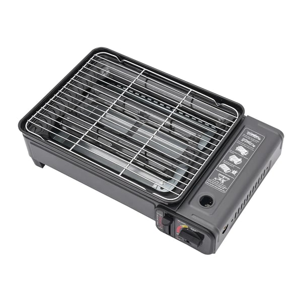Camping gasblus - Bærbar gasgrill - Butan- og LPG-drift - Fritstående - 41,5×28×11 cm - 3,2 kg - Tryk 0,25–0,3 MPa - Sort