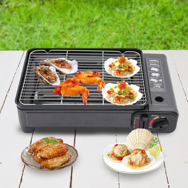 Camping gasblus - Bærbar gasgrill - Butan- og LPG-drift - Fritstående - 41,5×28×11 cm - 3,2 kg - Tryk 0,25–0,3 MPa - Sort