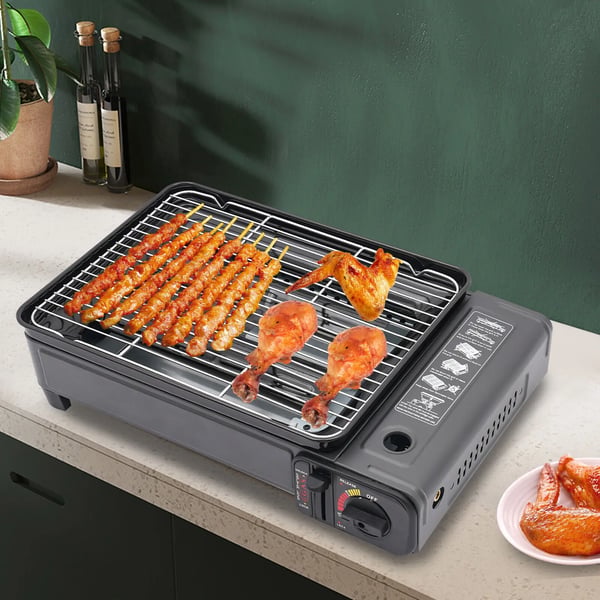 Camping gasblus - Bærbar gasgrill - Butan- og LPG-drift - Fritstående - 41,5×28×11 cm - 3,2 kg - Tryk 0,25–0,3 MPa - Sort