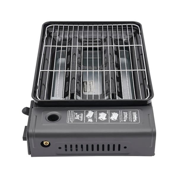 Camping gasblus - Bærbar gasgrill - Butan- og LPG-drift - Fritstående - 41,5×28×11 cm - 3,2 kg - Tryk 0,25–0,3 MPa - Sort