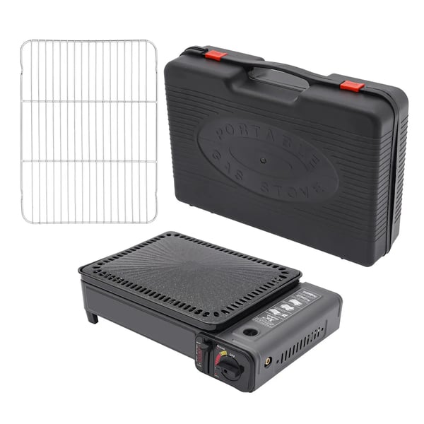 Camping gasblus - Bærbar gasgrill - Butan- og LPG-drift - Fritstående - 41,5×28×11 cm - 3,2 kg - Tryk 0,25–0,3 MPa - Sort