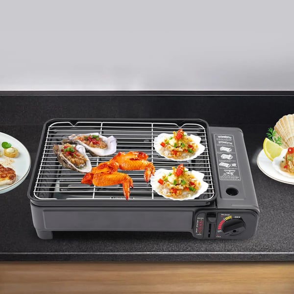 Camping gasblus - Bærbar gasgrill - Butan- og LPG-drift - Fritstående - 41,5×28×11 cm - 3,2 kg - Tryk 0,25–0,3 MPa - Sort