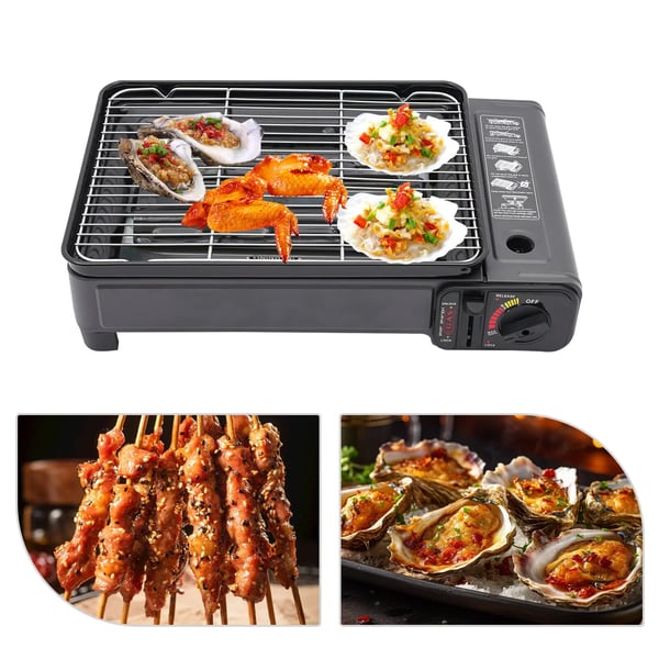Camping gasblus - Bærbar gasgrill - Butan- og LPG-drift - Fritstående - 41,5×28×11 cm - 3,2 kg - Tryk 0,25–0,3 MPa - Sort