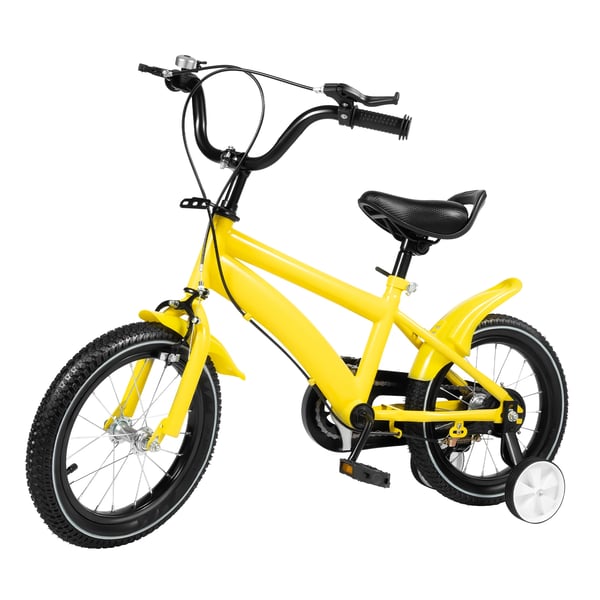 Børnecykel, 14 tommer, med 2 justerbare støttehjul, til drenge og piger, gul