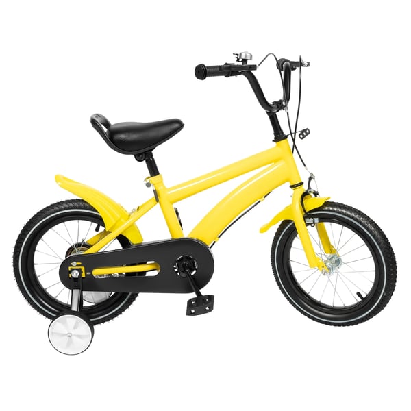 Børnecykel, 14 tommer, med 2 justerbare støttehjul, til drenge og piger, gul