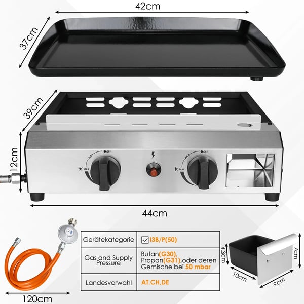 Gasgrill - 2‑brænder bordgrill - Naturgas - Rustfrit stål - Let at rengøre - Bærbar til camping - Rød