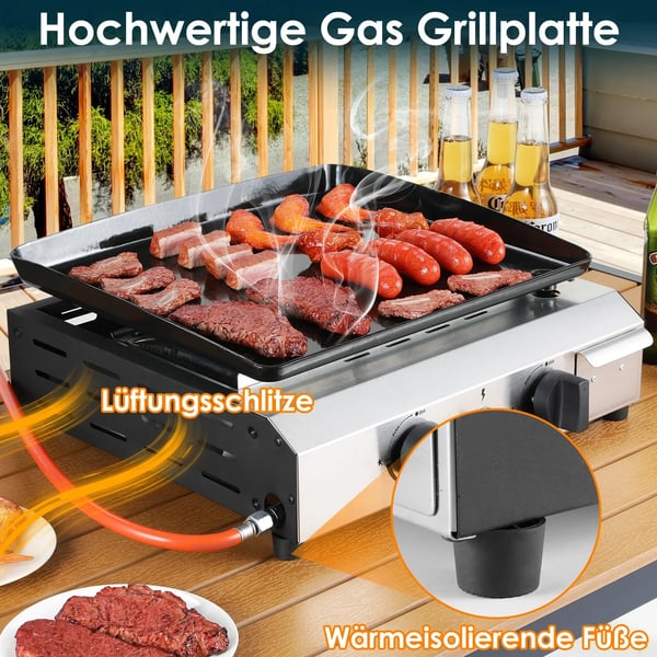 Gasgrill - 2‑brænder bordgrill - Naturgas - Rustfrit stål - Let at rengøre - Bærbar til camping - Rød